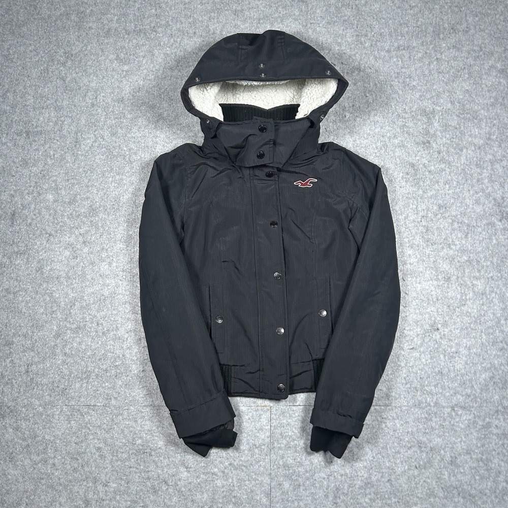 Hollister Jacket‎ Womens Size xxs Black All Weather Hooded Sherpa Lined Y2k